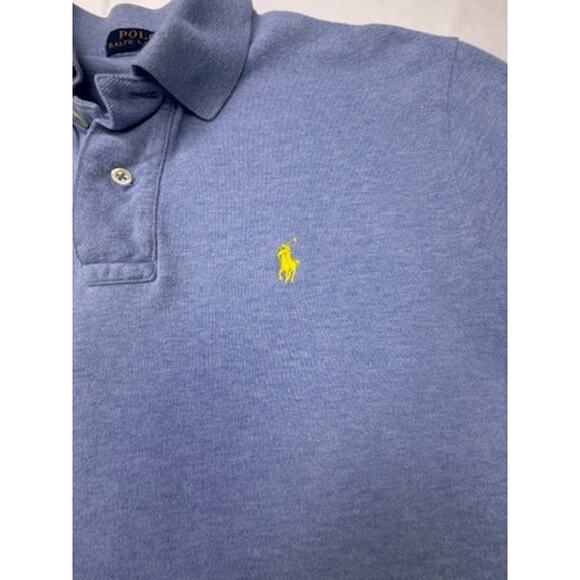 VTG Polo Ralph Lauren Blue Cotton Knit Polo Shirt Yellow Logo Men’s Size Small - Picture 4 of 10